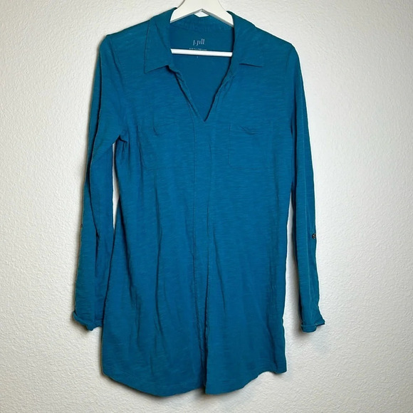 J. Jill Small Blue Teal V-Neck Slub Cotton Pullover Tunic Top Women’s Relaxed - Picture 1 of 10